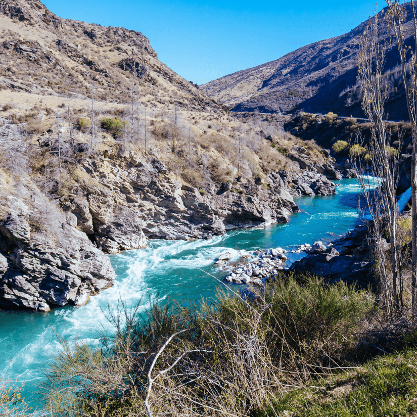 The Roaring Meg river with rapids and rocks
