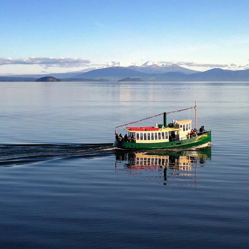 The Ernest Kemp on Lake Taupo heading to Māori rock carvings