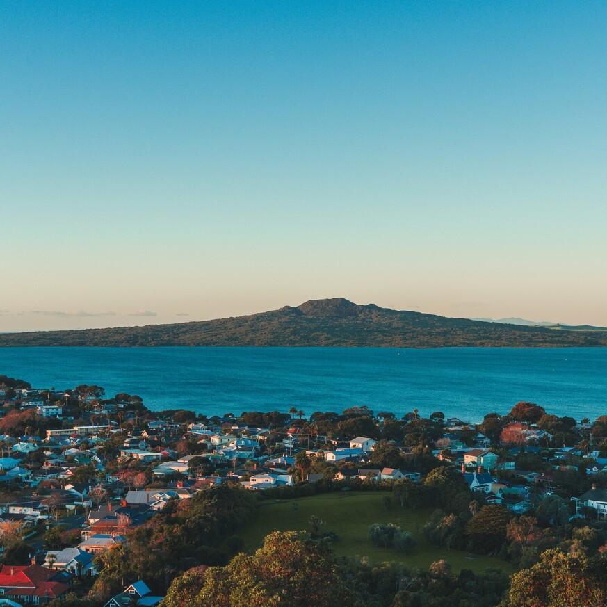 Rangitoto Island volcanic cone near Auckland seen from the shore