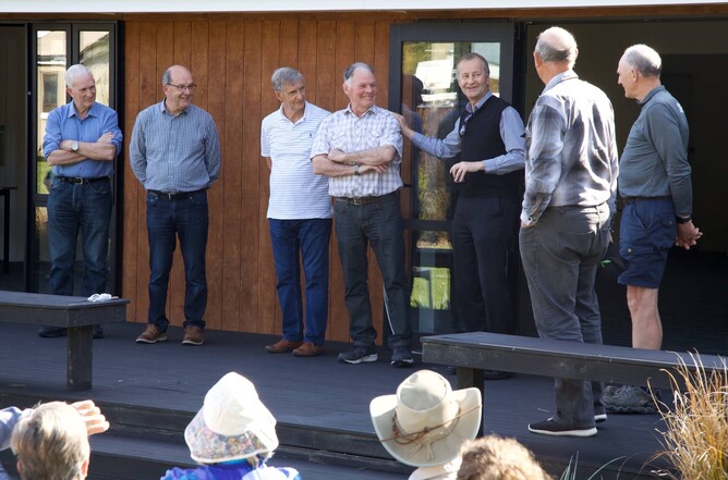 Church Elders ready to pray (L-R) Murray McEwen (Rowley Ave), Alistair Falconer (Bryndwr), Murray Frost (Rutland St), Peter Jessop (Wairaki Rd, Woodend Camp Trust), Lieuwe Doubleday (Rowley Ave, Woodend Camp Trust), Peter van’t Wout (Quinns Rd, Woodend Camp Trust), Willie van’t Wout (Quinns Rd, Woodend Christian Camp Staff).