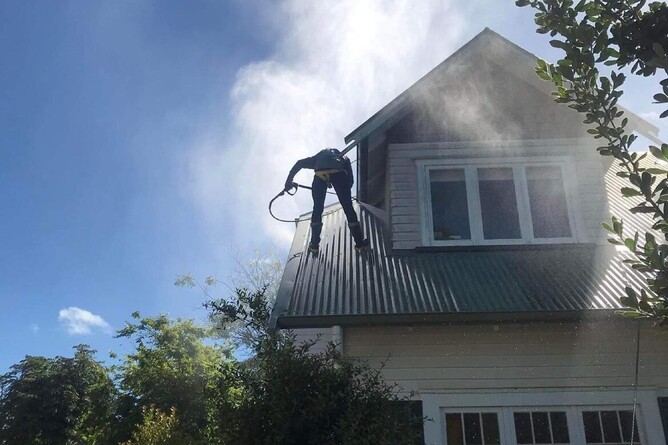 Steep roof on house in Hamilton being cleaned by Dry Gutts