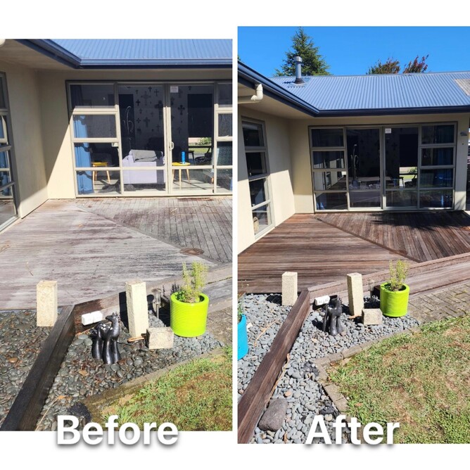 before and after image of an exterior clean for a deck