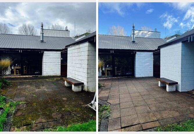 before and after photos of a house and courtyard professional clean by DryGuttsHamilton