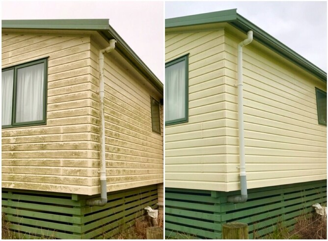Before and after of house exterior being cleaned by Dry Gutts Hamilton