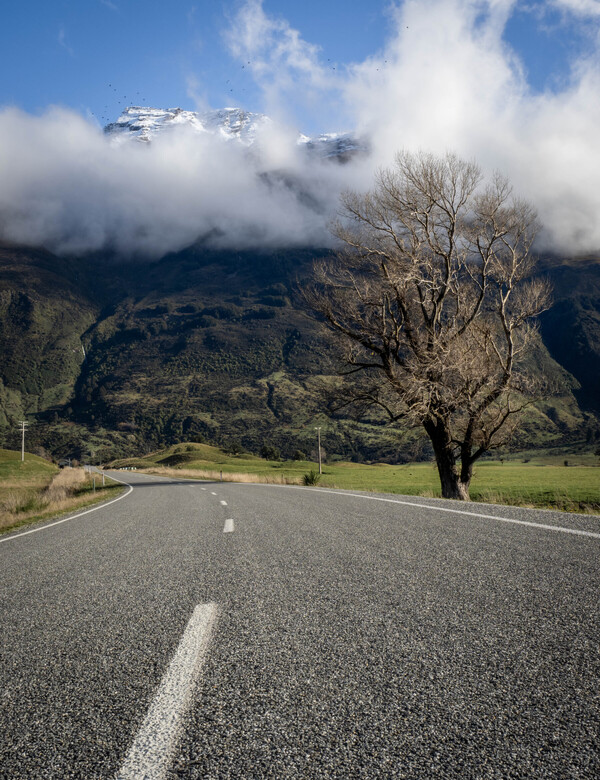 Road to Glenorchy, New Zealand with snowy mountains in background