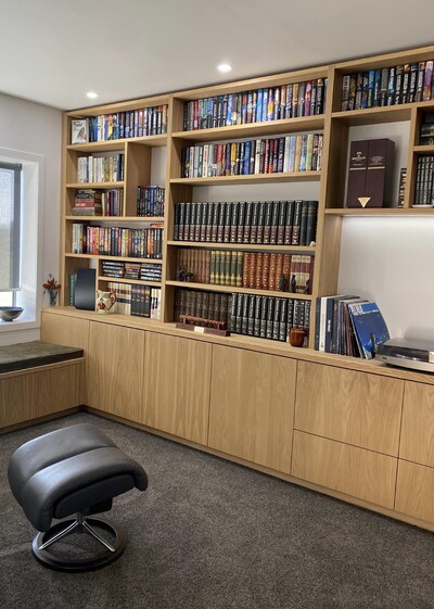 bespoke large fitted bookcase and cupboards