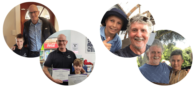 (From left) David and Lachy on match day and 12 months later. Alasdair and Kaine on match day and in 2020 at their 5 year anniversary.