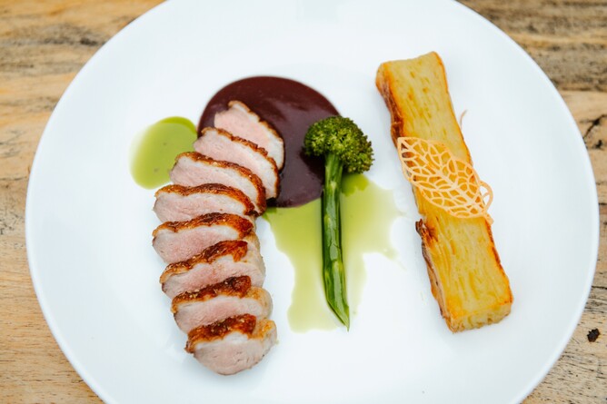 Plated meal at Markovina Estate in Kumeu, Auckland