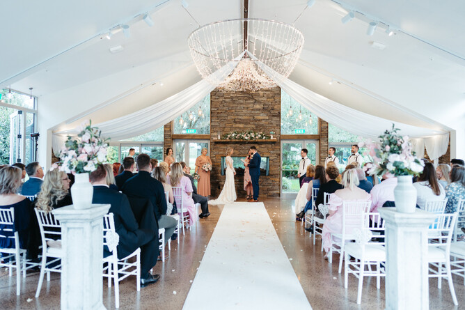Indoor wet weather backup ceremony at Markovina Estate in Kumeu