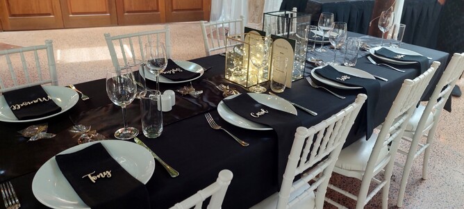 Black Tie Table setup for a school ball at Markovina Vineyard Estate in Kumeu
