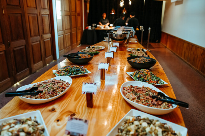 long table of plated meals