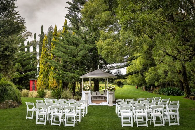 Wedding ceremony setup at The Pergola at Markovina Estate in Kumeu, Auckland