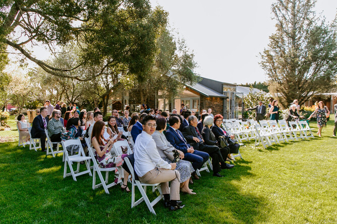 Wedding guests seated at summer wedding ceremony at the Two Kauri Trees at Markovina Estate in Kumeu