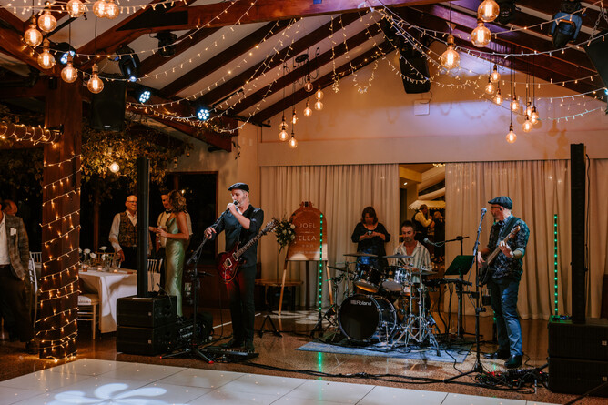 Wedding band playing during the reception at Markovina Estate in Kumeu