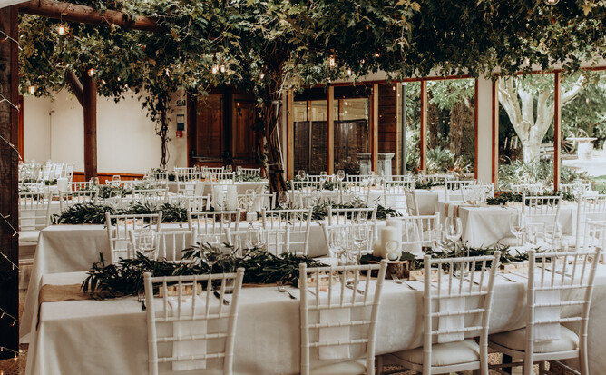 simple wedding table set-up decorated with leaves