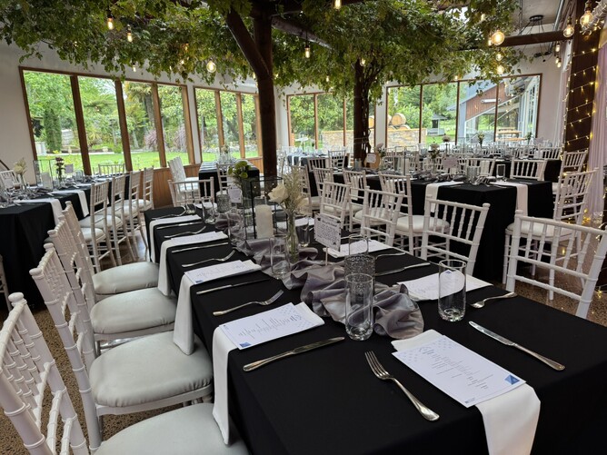 Table setup and decorations for school ball at Markovina Vineyard Estate in Kumeu