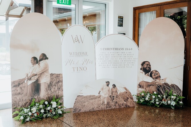 Wedding signage in reception area at a wedding at Markovina Estate in Auckland