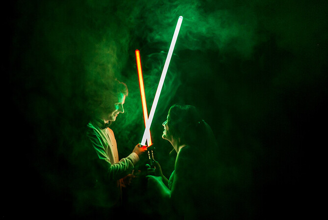 Wedding lightsaber night time photo at Markovina Estate in Kumeu, Auckland