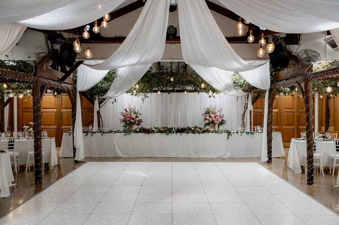 Dancefloor setup and decorations at Markovina Vineyard Estate in Kumeu