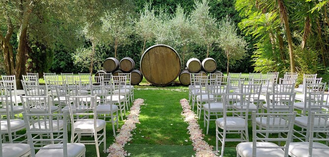 Wedding ceremony setup at The barrels at Markovina Estate in Kumeu