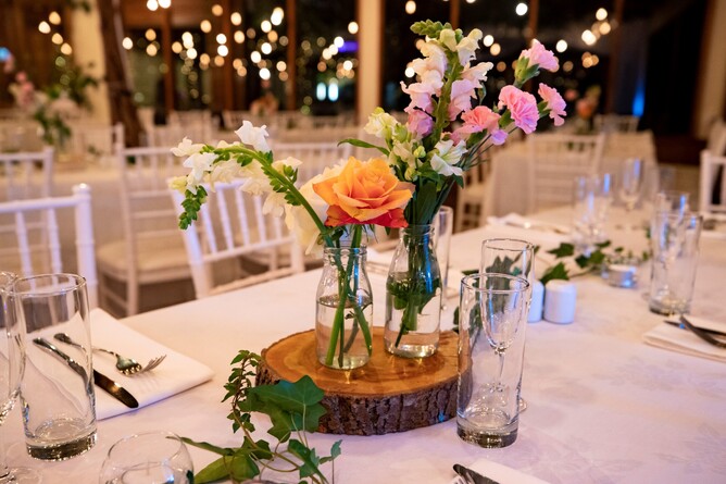 Floral table setup for a school ball at Markovina Vineyard Estate in Kumeu