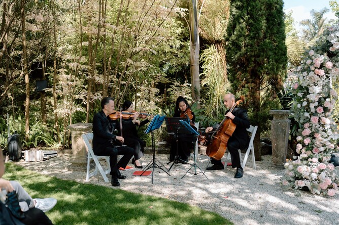Live music during a wedding ceremony at The Barrel Waterfall at Markovina Estate in Kumeu, Auckland