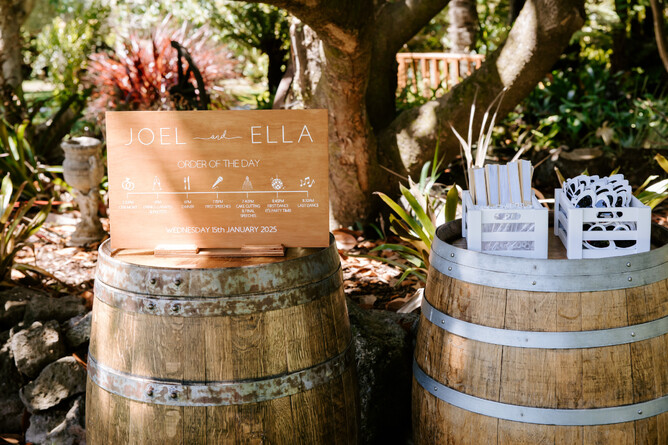 Wedding signage showing wedding timeline at Markovina Estate in Kumeu, Auckland