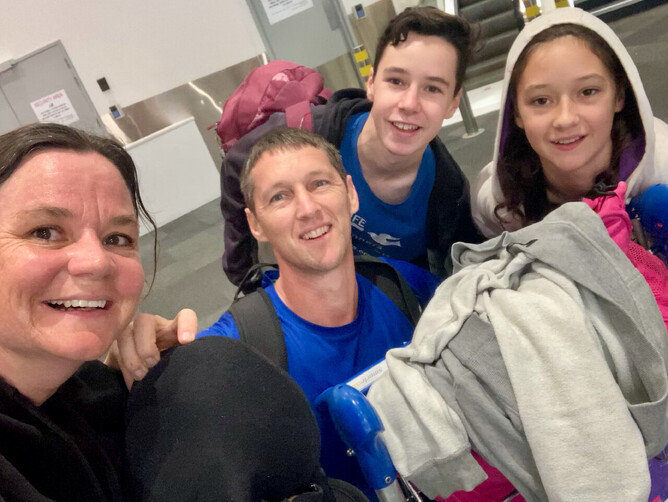 This family photo is straight after racing from Auckland International to the Domestic Terminal and cutting it extremely fine to the final bag drop time. Poor Kelepi was still recovering from the trauma at the time of this photo.