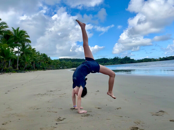 Stopping to stretch on the way back from Suva. If only gymnastics was an event at the convention!