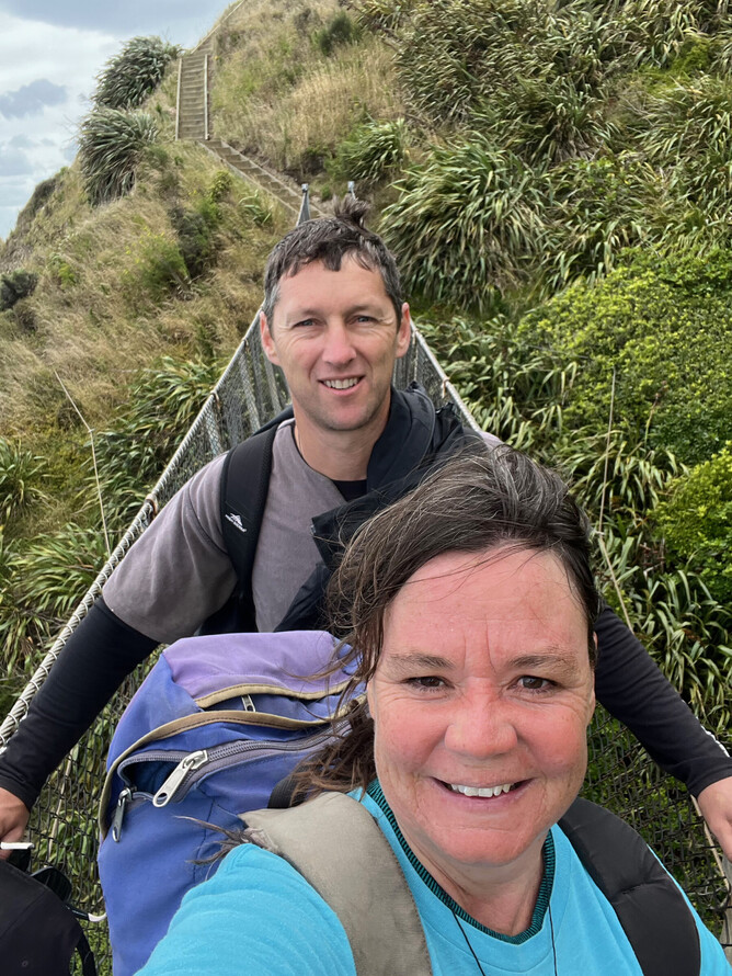 A swing bridge selfie when walking the escarpment track in January - on our 20th wedding anniversary!