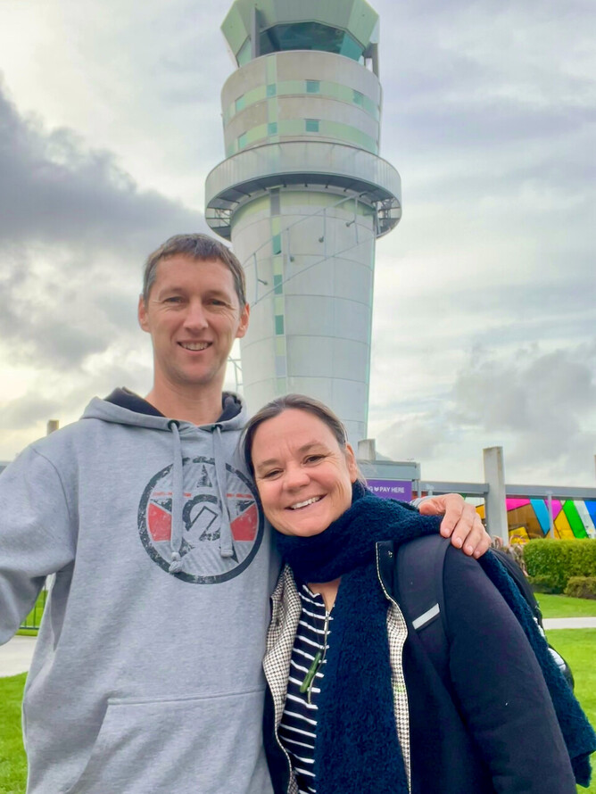 Experimenting with our new selfie stick at Christchurch airport after our NZCMS orientation.