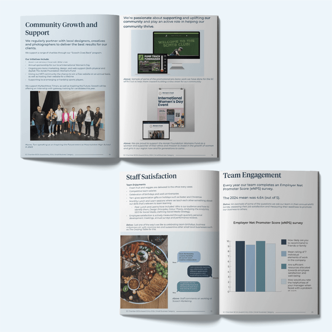 Open BECA Booklet designed by Scooch Marketing, highlighting the crisp 140gsm Royal Offset internal pages. This graphic design project showcases Scooch Marketing's dedication to quality and attention to detail for clients in Timaru.