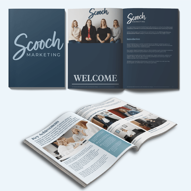 Close-up of the luxurious BECA Booklet designed by Scooch Marketing in Timaru, featuring a sturdy 250gsm Royal Offset cover. The booklet exemplifies the agency's expertise in graphic design and professional printing for business award entries.