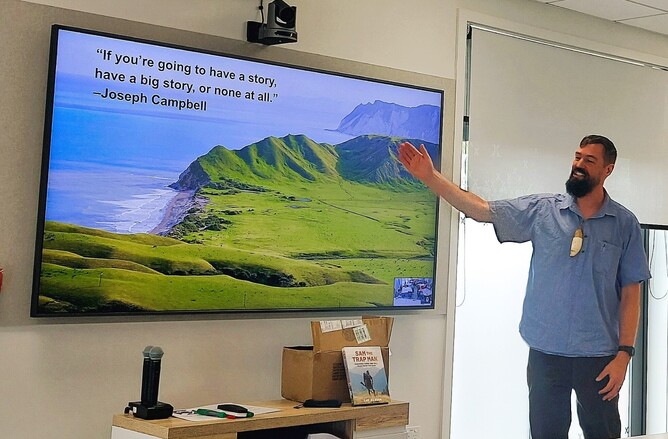 Sam Gibson aka Sam the Trap Man presenting at the Wairarapa Catchment Collective Wananga