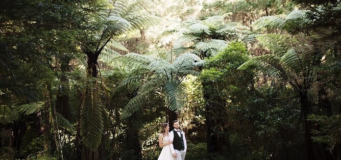Newly married couple walking through forest near Te Miro Woolshed wedding venue near Cambridge