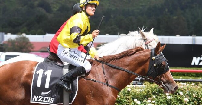 Top apprentice Lily Sutherland celebrates Churchillian's victory in the Gr.3 Dixon & Dunlop Anniversary Handicap (1600m).  - Photo: Race Images Palmerston North