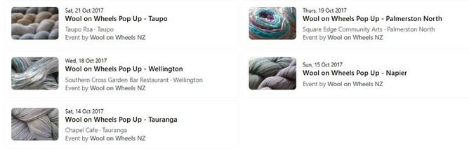 Screenshot of past Facebook events. Five thumbnail images of yarn for each of the pop up events from the 2017 tour.