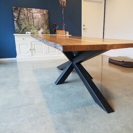 Hand built table top with designer steel base.