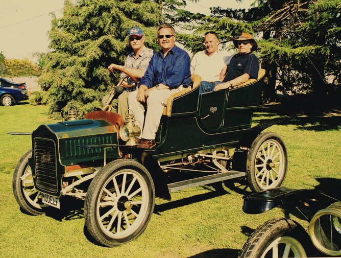 Left to right – the show organisers:  Chris Dyer at the wheel of the 1905 Model F, beside sponsor John Luxon (Avon City Ford) and, in the rear seat, show organiser and author John Stokes, beside Model A Ford authority Peter Bayler.