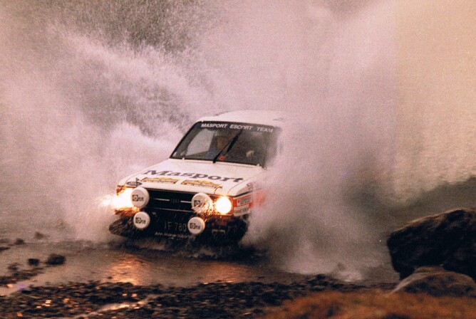 World Rally Championship, 1977 – the “flying Finn” Ari Vatanen and New Zealander Jim Scott in their Masport Escort.Credit: Jack Inwood – Ray Stone Collection