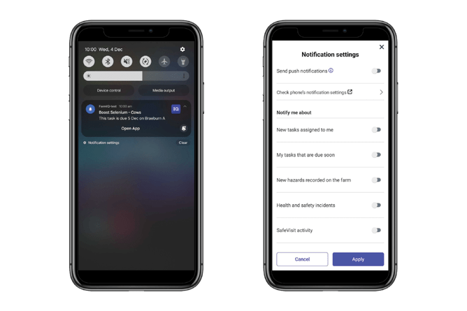 Left: Home screen of phone showing FarmIQ notificationsRight: Notification settings