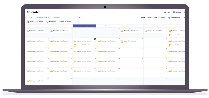 The staff roster in the diary on web