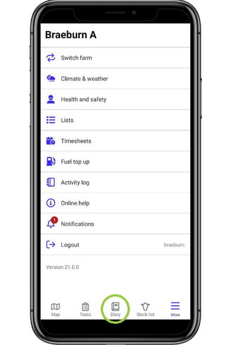 Where to access the diary on the bottom menu