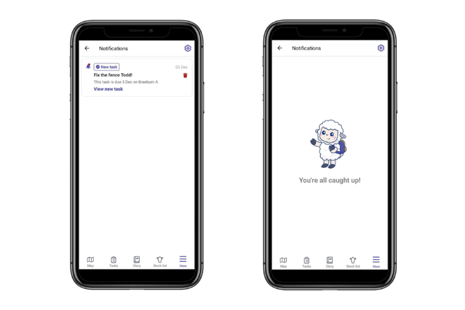 Left: How notifications appear in the FarmIQ mobile appRight: All notifications cleared