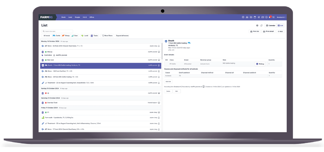 The list view of the diary on web
