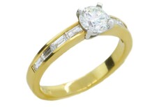 Round brilliant diamond with baguette diamonds on shoulders 18ct yellow gold ring, Marc Bendall, engagement rings,