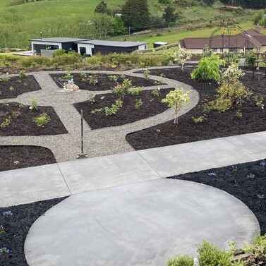 Large-scale garden planting design with pathways and mulched beds Nelson