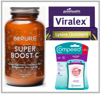 BePure Super Boost C, Good Health Viralex Lysine Ointment & Compeed Cold Sore Patches.