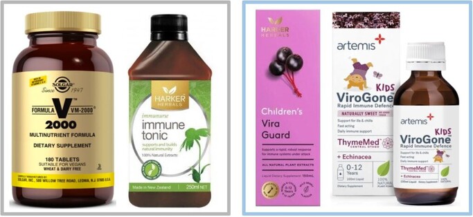 Adults: Solgar VM2000 & Harker Herbals Immune Tonic. -Children: Harker Herbals Vira Guard & Artemis Kids ViroGone.