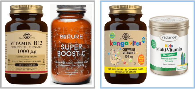 Adults: Solgar Vitamin B12 & BePure Super Boost C. -Children: Solgar Vitamin C Kangavites & Radiance Kids Multivitamin Gummies.